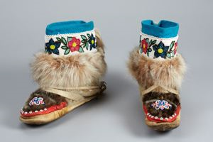 Image: Pair Alaskan fur boots, with blue cloth trim, beaded top and instep - women's